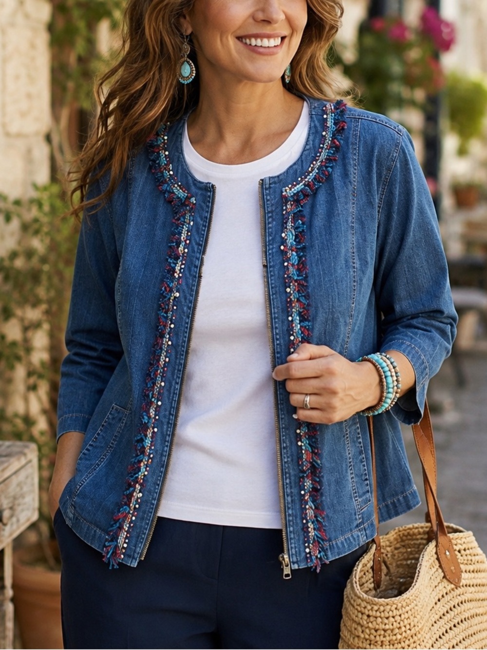 Ruby Rd. Embellished Denim Jacket Boho Zip Front 3/4 Sleeve Blue Lightweight 22W